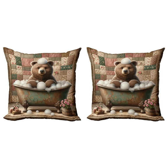 Ambesonne Rustic Throw Pillow Cover 2 Pack, Farmhouse Grizzly Bear Bath, 20", Chocolate Rose Green
