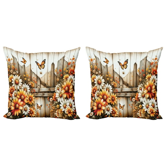 Ambesonne Rustic Throw Pillow Cover 2 Pack, Farmhouse Summer Chamomiles, 20", Orange Sepia and Off White