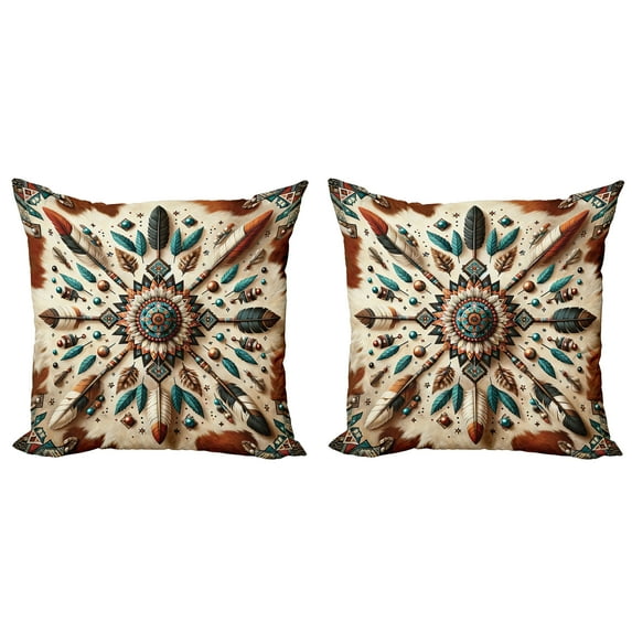 Ambesonne Rustic Throw Pillow Cover 2 Pack, Feathers and Arrows Folk Art, 16", Redwood Teal Champagne