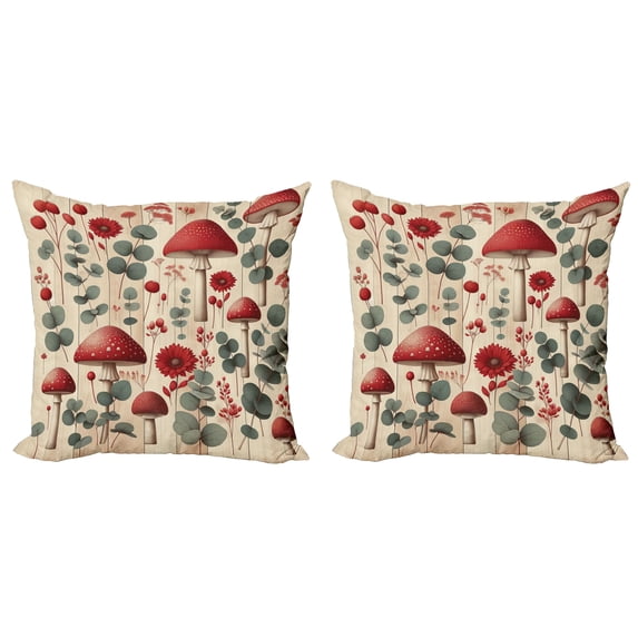 Ambesonne Rustic Throw Pillow Cover 2 Pack, Floral Woodland Mushrooms, 16", Champagne Dark Coral