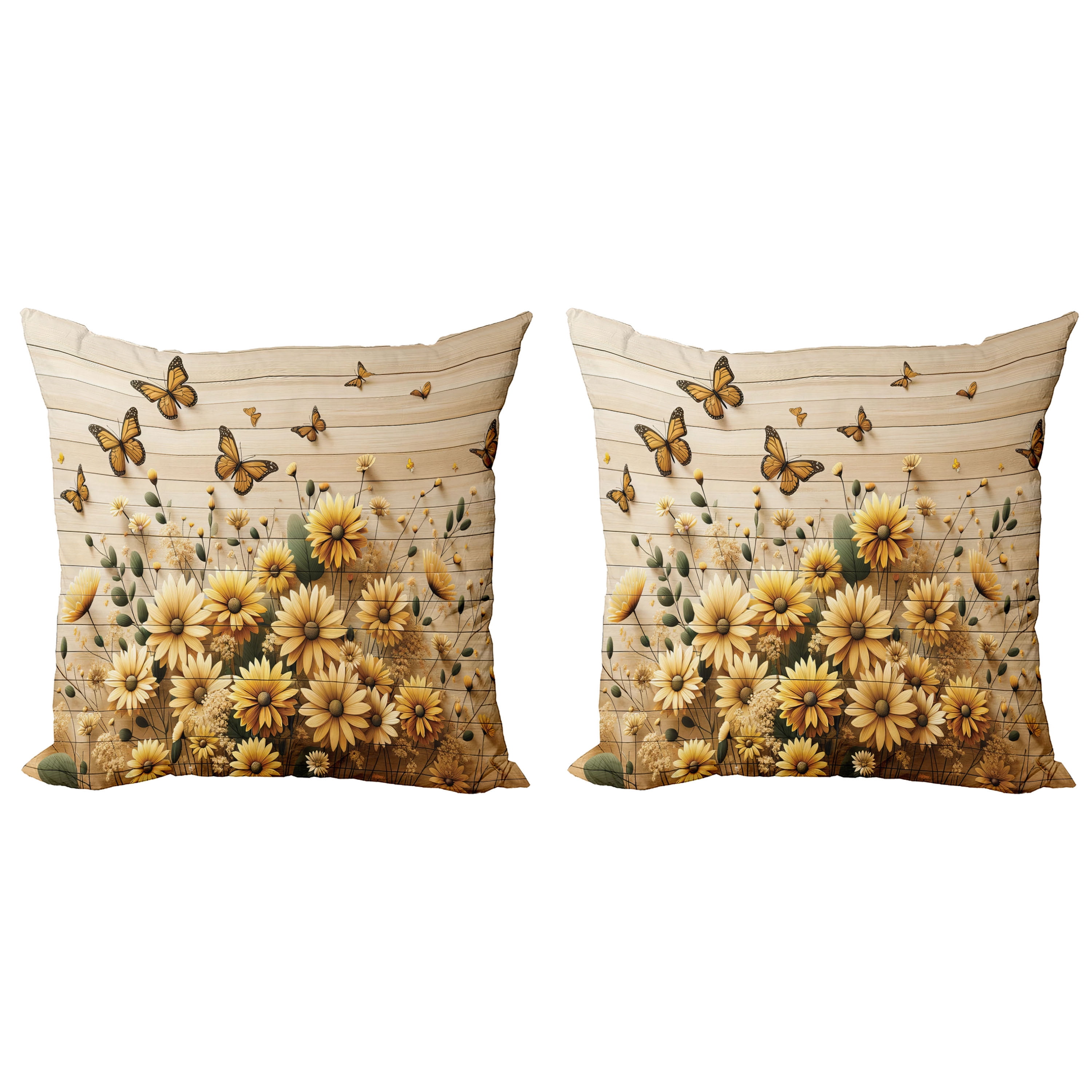 Pale Orange Tan Green Floral Butterfly Microfiber Throw Pillow Set