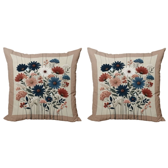 Ambesonne Rustic Throw Pillow Cover 2 Pack, Modern Botanical Wild Floral, 20", Warm Taupe Dark Blue Ruby