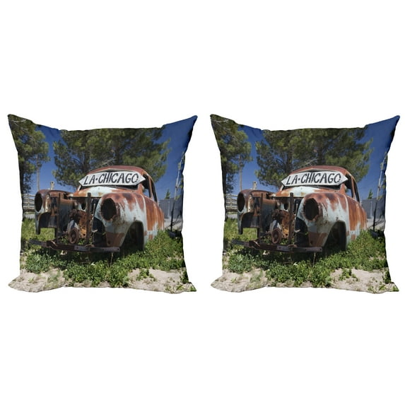Ambesonne Rustic Throw Pillow Cover 2 Pack, Old Abandoned Car USA, 18", Brown Green Blue