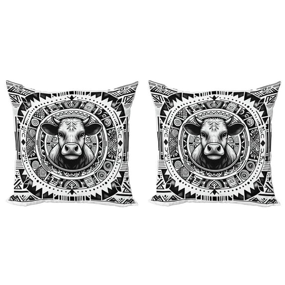 Ambesonne Rustic Throw Pillow Cover 2 Pack, Southwestern Cow Sketch Art, 24", Charcoal Grey and White