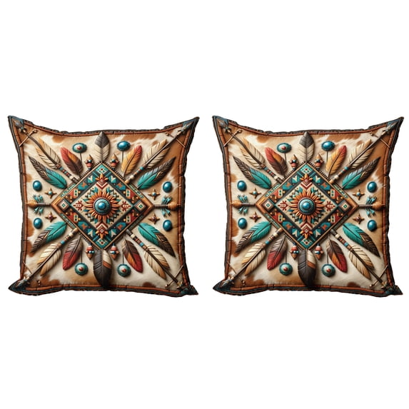 Ambesonne Rustic Throw Pillow Cover 2 Pack, Southwestern Square Feathers, 20", Turquoise Cocoa and Redbrown