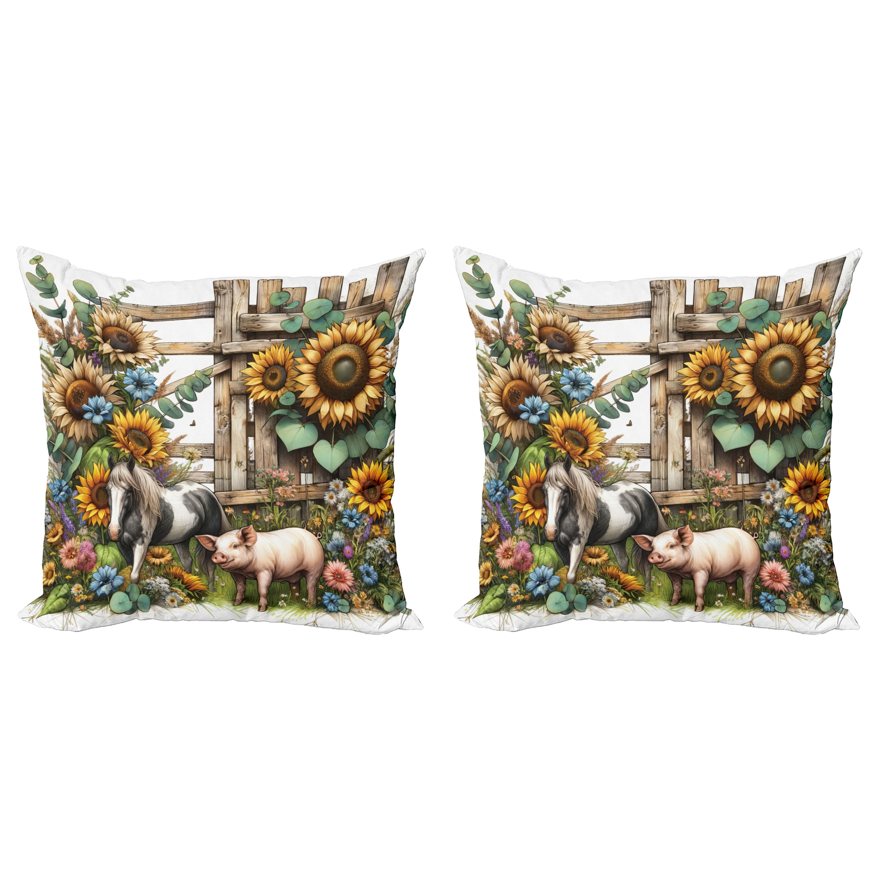 Farmhouse Sunflower and Animals Microfiber Throw Pillow Set