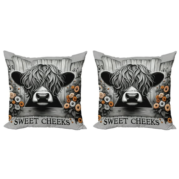 Ambesonne Rustic Throw Pillow Cover 2 Pack, Vintage Farmhouse Cow Cheeks, 18", Grey Black and Orange