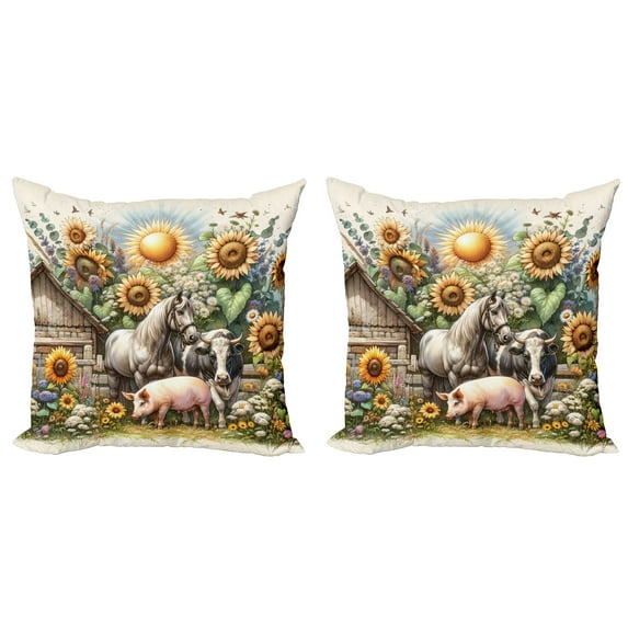 Ambesonne Rustic Throw Pillow Cover 2 Pack, Vintage Rural Farmhouse Life, 24", Earth Yellow and Multicolor