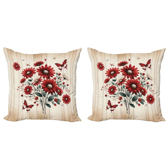 Ambesonne Rustic Throw Pillow Cover 2 Pack, Warm Tone Botanical Design, 16", Red Blue Grey and Eggshell