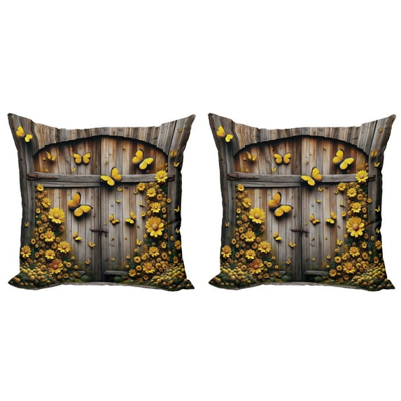 Ambesonne Rustic Throw Pillow Cover 2 Pack, Yellow Farmhouse Romance, 16", Mustard Taupe Caramel
