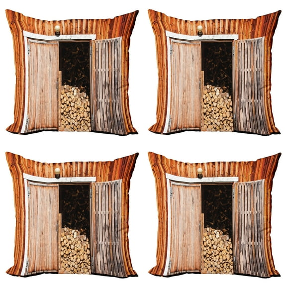 Ambesonne Rustic Throw Pillow Cover 4 Pack, Barn with Firewood Rural, 24", Orange Brown