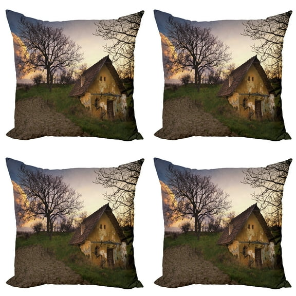Ambesonne Rustic Throw Pillow Cover 4 Pack, Battered Stone House, 16", Multicolor