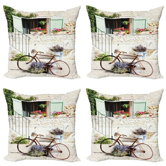 Ambesonne Rustic Throw Pillow Cover 4 Pack, Bike Flower Countryside, 20", Multicolor
