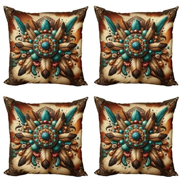 Ambesonne Rustic Throw Pillow Cover 4 Pack, Boho Earthy Feathers Mandala, 16", Teal Cinnamon Brown