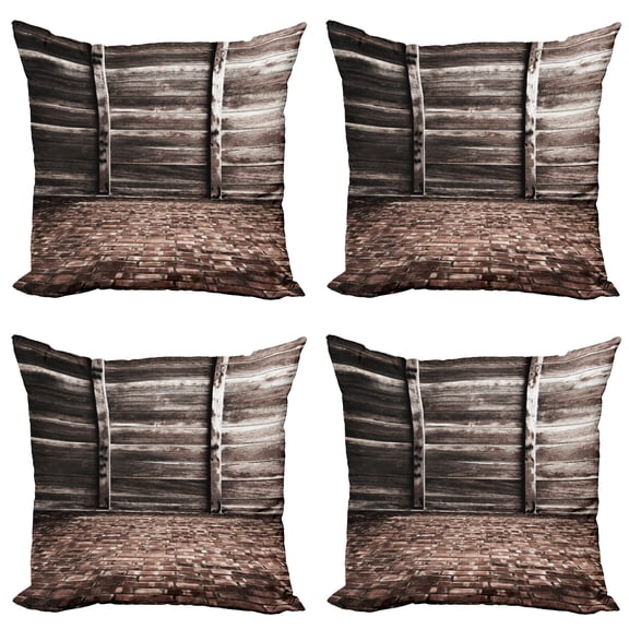 Ambesonne Rustic Throw Pillow Cover 4 Pack, Brick Floor Wooden Wall, 20", Brown