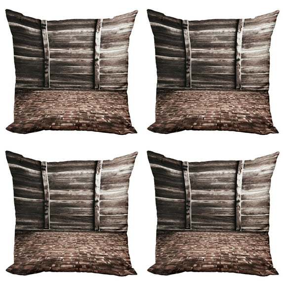 Ambesonne Rustic Throw Pillow Cover 4 Pack, Brick Floor Wooden Wall, 20", Brown