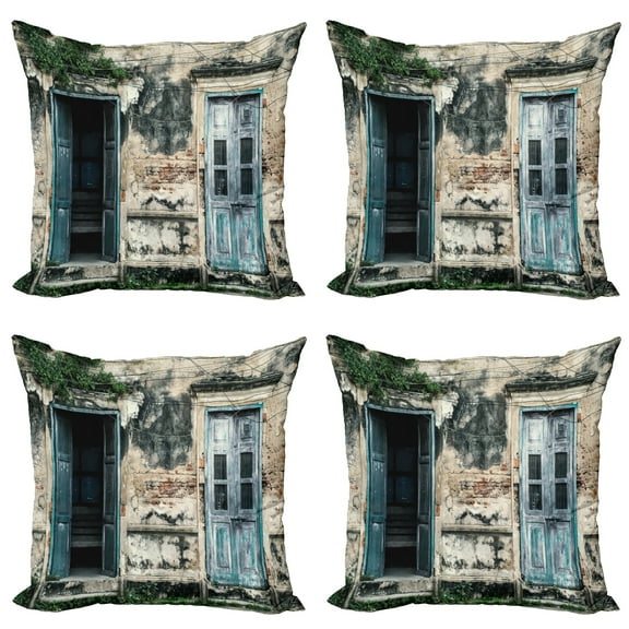 Ambesonne Rustic Throw Pillow Cover 4 Pack, Doors of Old Rock House, 16", Teal Grey