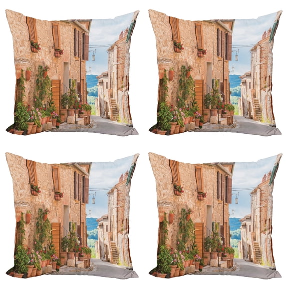 Ambesonne Rustic Throw Pillow Cover 4 Pack, Medieval Old Village, 24", Tan
