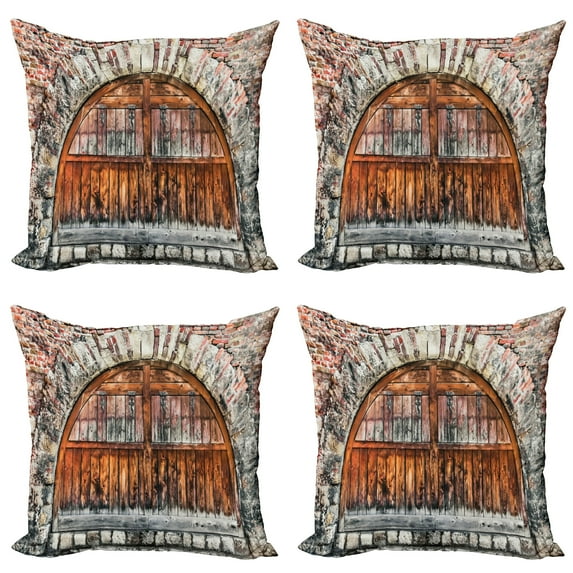 Ambesonne Rustic Throw Pillow Cover 4 Pack, Old Brick Stone Oval Door, 20", Brown and Grey