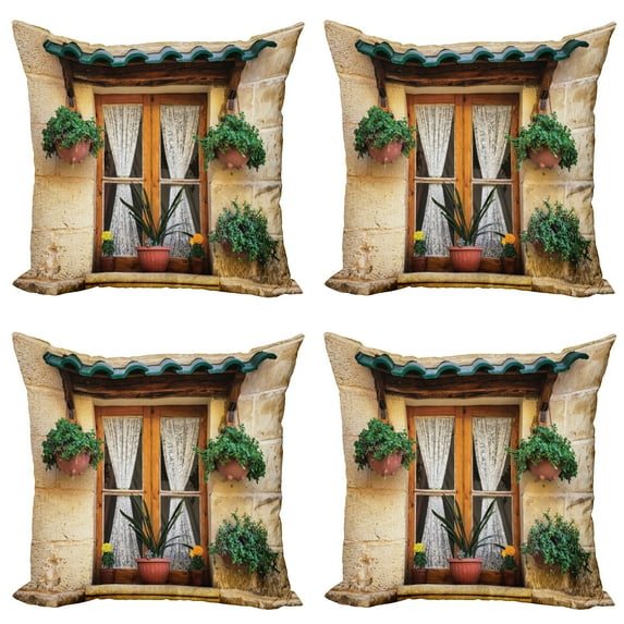 Ambesonne Rustic Throw Pillow Cover 4 Pack, Old Window and Flowers, 18", Beige Green