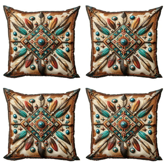 Ambesonne Rustic Throw Pillow Cover 4 Pack, Southwestern Square Feathers, 18", Turquoise Cocoa and Redbrown