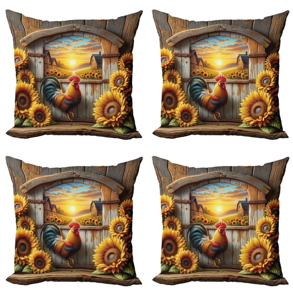 Ambesonne Rustic Throw Pillow Cover 4 Pack, Sunset Rooster Sunflowers, 18", Earth Yellow and Caramel