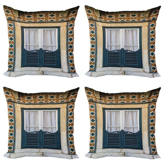Ambesonne Rustic Throw Pillow Cover 4 Pack, Vintage Window Rural, 16", Teal Orange