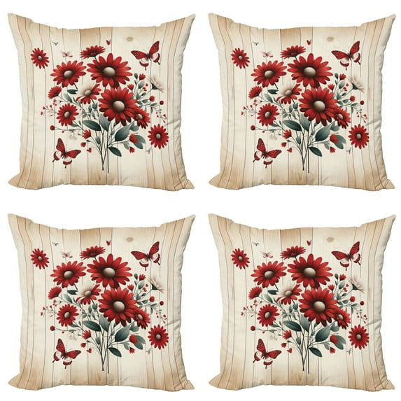 Ambesonne Rustic Throw Pillow Cover 4 Pack, Warm Tone Botanical Design, 18", Red Blue Grey and Eggshell