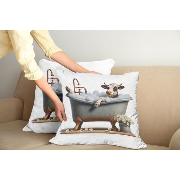 Ambesonne Rustic Throw Pillow Cover Pack of 2, Bathing Cow and Chamomiles, 2 Pcs-26"x26", Coconut White and Cinnamon