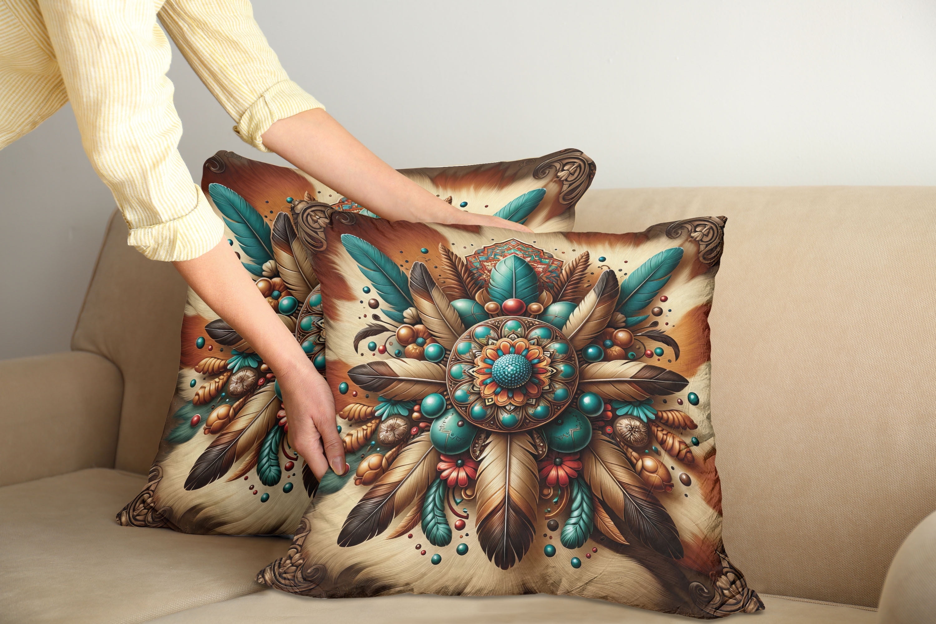 Teal and Cinnamon Brown Boho Feather Mandala Square Pillow Covers