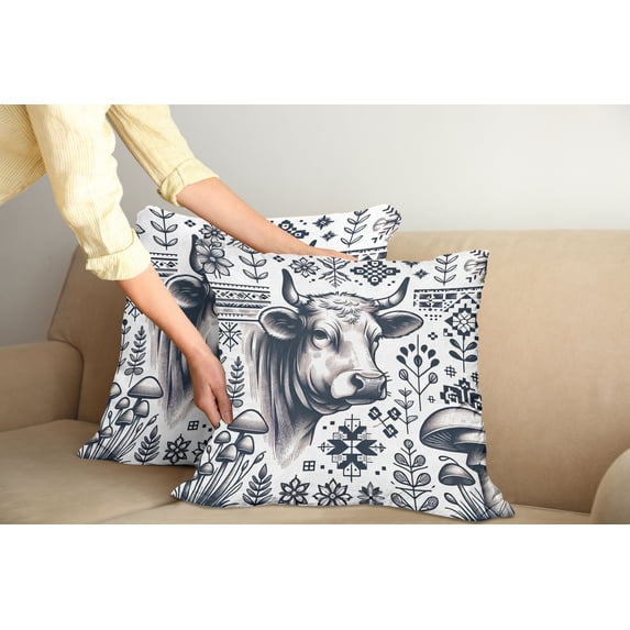 Ambesonne Rustic Throw Pillow Cover Pack of 2, Botanical Southwestern Cow, 2 Pcs-20"x20", Dark Blue Grey and White