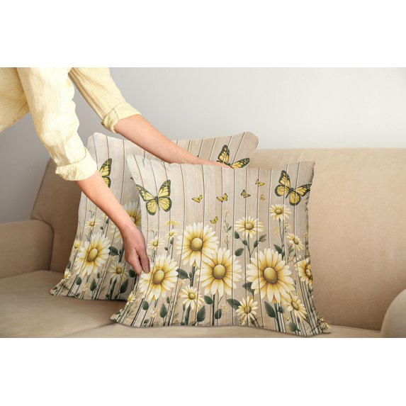 Ambesonne Rustic Throw Pillow Cover Pack of 2, Cottagecore Sunflower Vibes, 2 Pcs-20"x20", Dark Green and Yellow