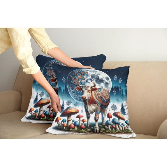 Ambesonne Rustic Throw Pillow Cover Pack of 2, Ethnic Night Woods Moon Cow, 2 Pcs-24" x 24", Petrol Blue and Burnt Sienna