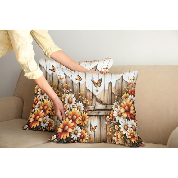 Ambesonne Rustic Throw Pillow Cover Pack of 2, Farmhouse Summer Chamomiles, 2 Pcs-36"x16", Orange Sepia and Off White
