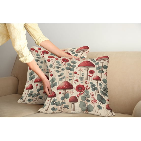 Ambesonne Rustic Throw Pillow Cover Pack of 2, Floral Woodland Mushrooms, 2 Pcs-20"x20", Champagne Dark Coral
