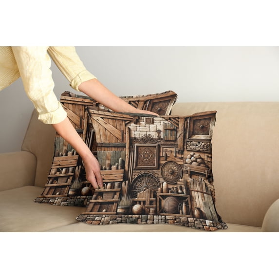 Ambesonne Rustic Throw Pillow Cover Pack of 2, Medieval Cottage Scene Art, 2 Pcs-16"x16", Grey Teal Brown