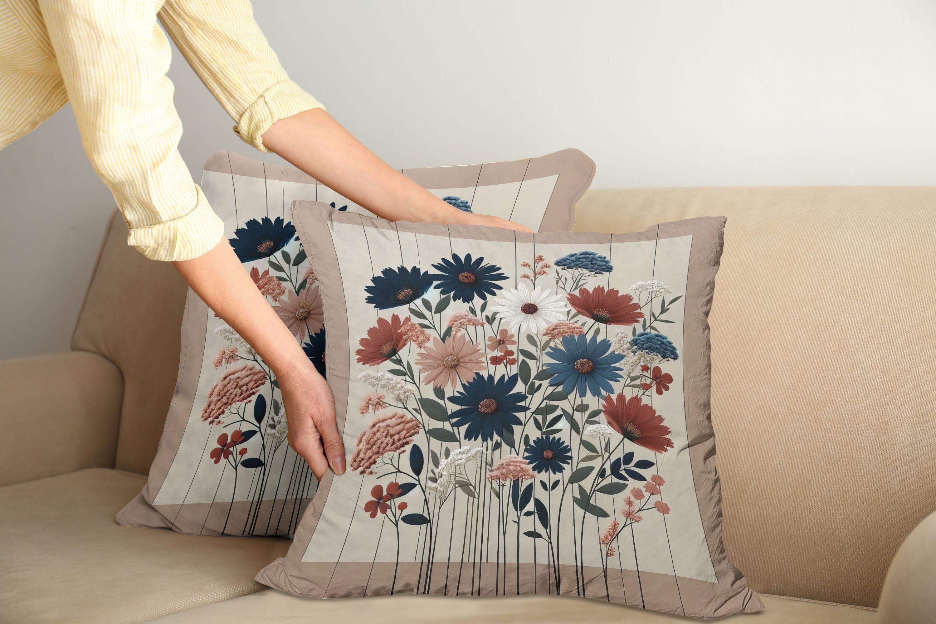 Warm Taupe Dark Blue Ruby Floral Polyester Square Pillow Covers