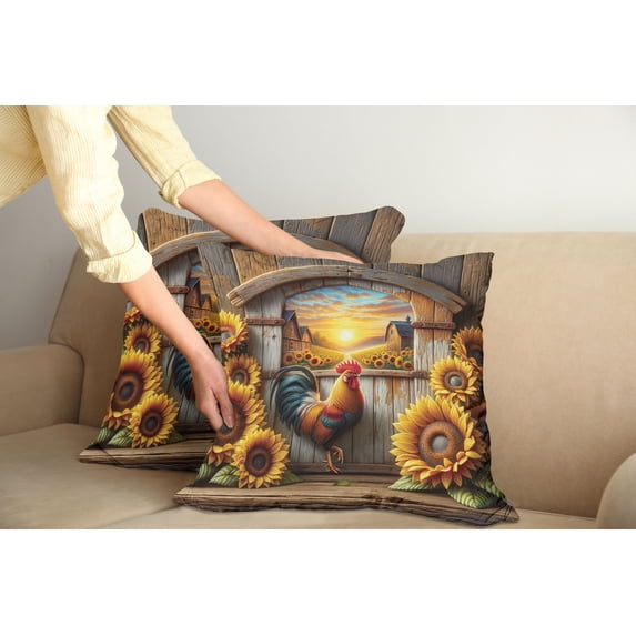 Ambesonne Rustic Throw Pillow Cover Pack of 2, Sunset Rooster Sunflowers, 2 Pcs-40"x40", Earth Yellow and Caramel