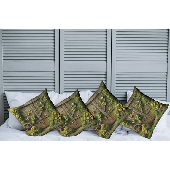 Ambesonne Rustic Throw Pillow Cover Pack of 4, Barn Door and Summer Blooms, 4 Pcs-24" x 24", Fern Green Sepia and Yellow