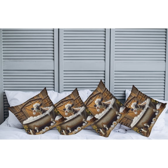 Ambesonne Rustic Throw Pillow Cover Pack of 4, Cow in Bubbly Bathtub Barn, 4 Pcs-36"x36", Caramel Yellow and Brown