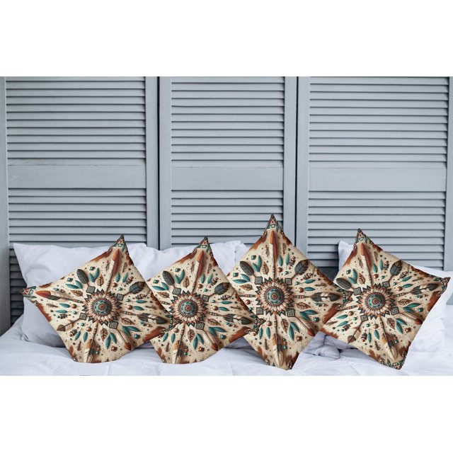 Ambesonne Rustic Throw Pillow Cover Pack of 4, Feathers and Arrows Folk Art, 4 Pcs-26" x 26", Redwood Teal Champagne