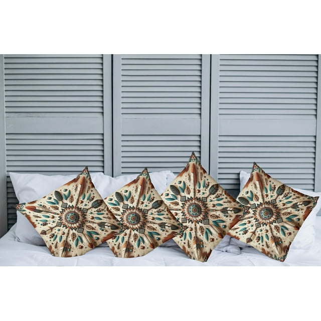 Ambesonne Rustic Throw Pillow Cover Pack of 4, Feathers and Arrows Folk Art, 4 Pcs-26" x 26", Redwood Teal Champagne