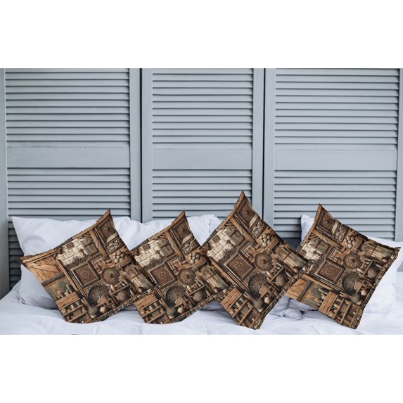 Ambesonne Rustic Throw Pillow Cover Pack of 4, Medieval Cottage Scene Art, 4 Pcs-20" x 20", Grey Teal Brown