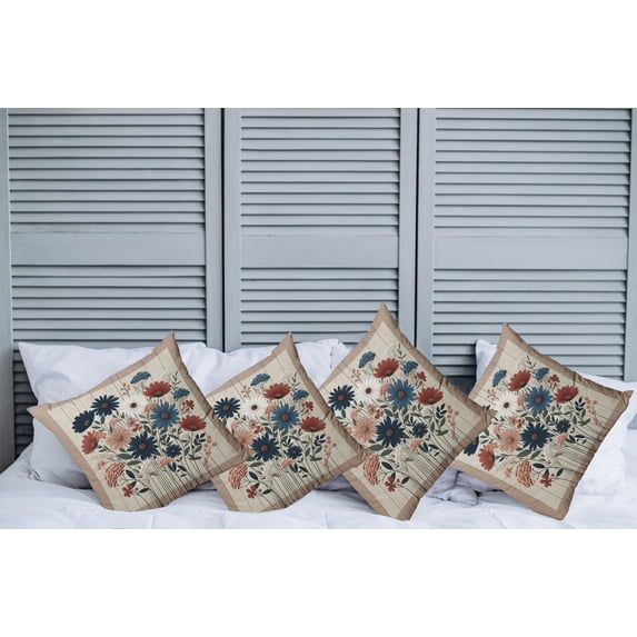 Ambesonne Rustic Throw Pillow Cover Pack of 4, Modern Botanical Wild Floral, 4 Pcs-18" x 18", Warm Taupe Dark Blue Ruby