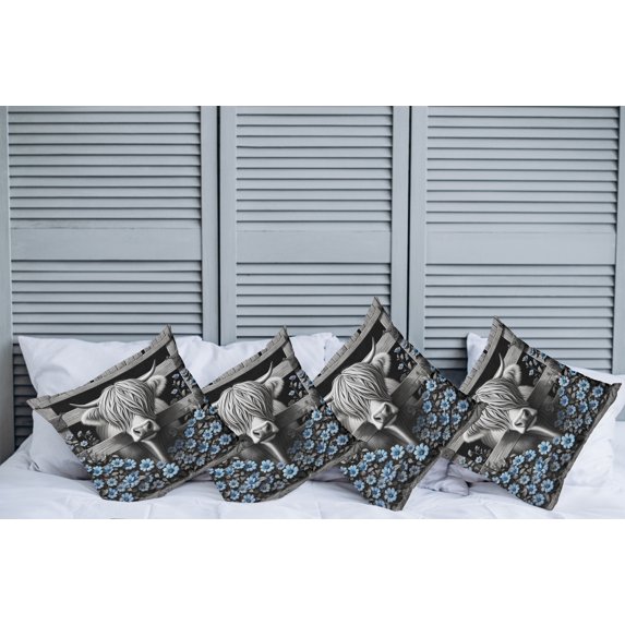 Ambesonne Rustic Throw Pillow Cover Pack of 4, Monochrome Farmhouse Cow, 4 Pcs-40"x40", Grey Black and Blue