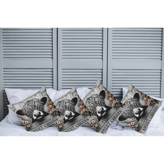 Ambesonne Rustic Throw Pillow Cover Pack of 4, Vintage Farmhouse Cow Cheeks, 4 Pcs-24" x 24", Grey Black and Orange