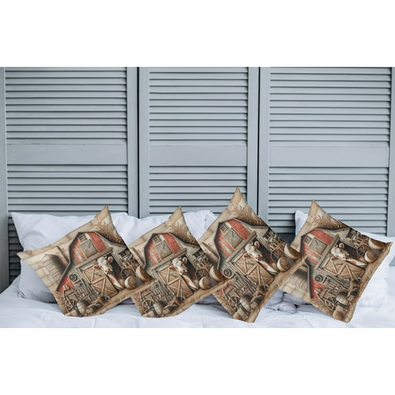 Ambesonne Rustic Throw Pillow Cover Pack of 4, Vintage Rural American Barn, 4 Pcs-28" x 28", Tan Dark Salmon