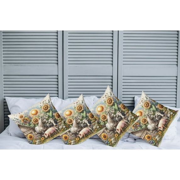 Ambesonne Rustic Throw Pillow Cover Pack of 4, Vintage Rural Farmhouse Life, 4 Pcs-36"x36", Earth Yellow and Multicolor