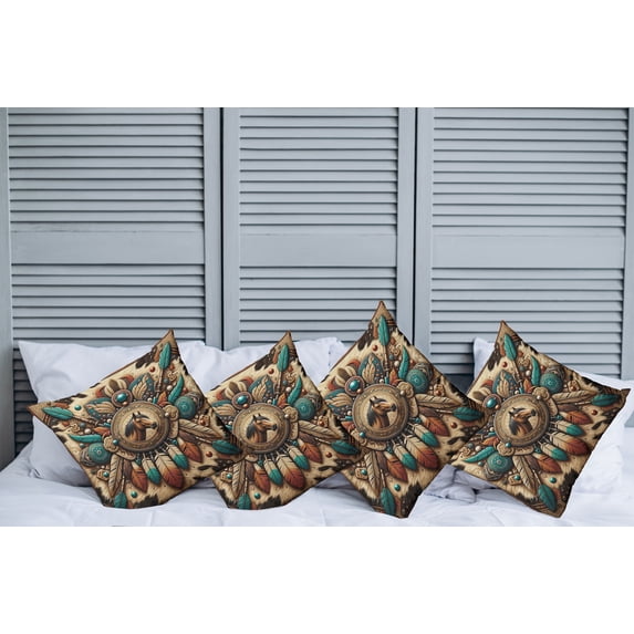 Ambesonne Rustic Throw Pillow Cover Pack of 4, Wild West Horse Feathers, 4 Pcs-24" x 24", Teal Dark Taupe Cinnamon