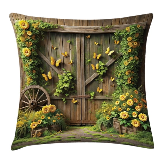 Ambesonne Rustic Throw Pillow Cushion Cover, Barn Door and Summer Blooms, 26" X 26", Fern Green Sepia and Yellow